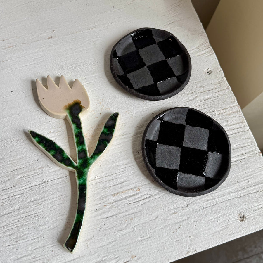 Black Check Ceramic Ring Dish