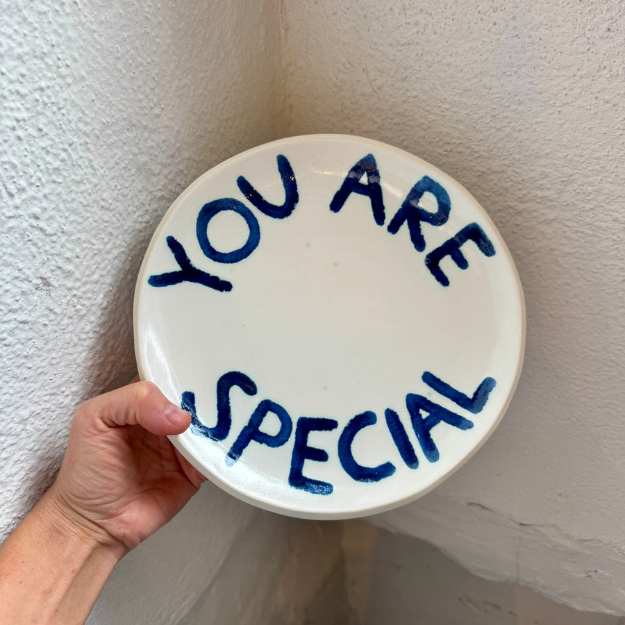 White plate with blue text 'YOU ARE SPECIAL' held against a white wall.