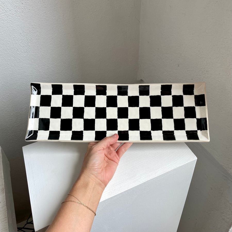 Black + White Check Ceramic Tray - Extra Long