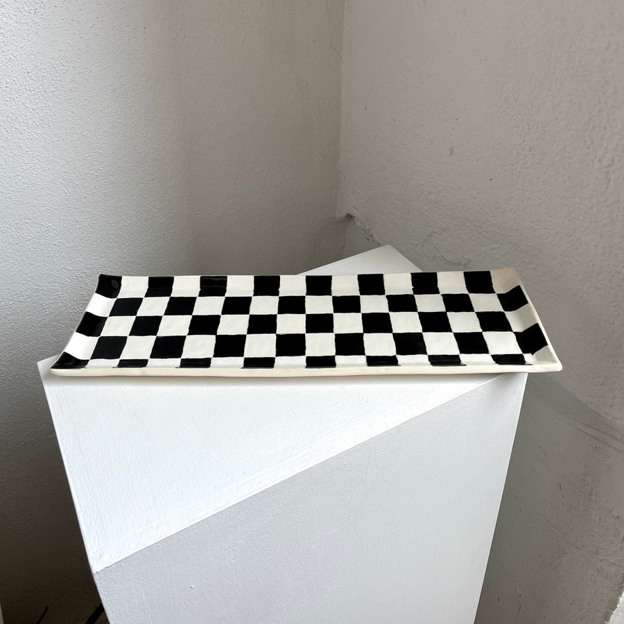 Black + White Check Ceramic Tray - Extra Long