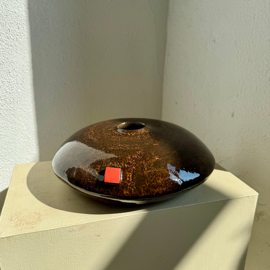 Brown Shallow Vase with Orange