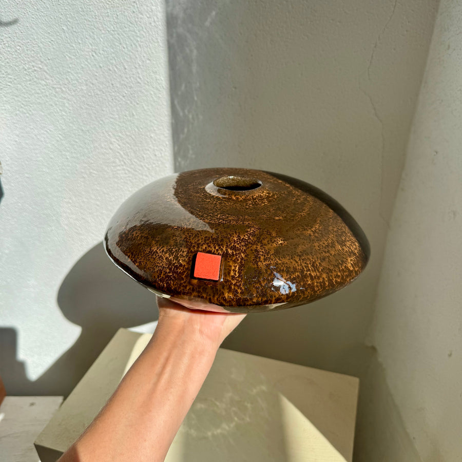 Brown Shallow Vase with Orange