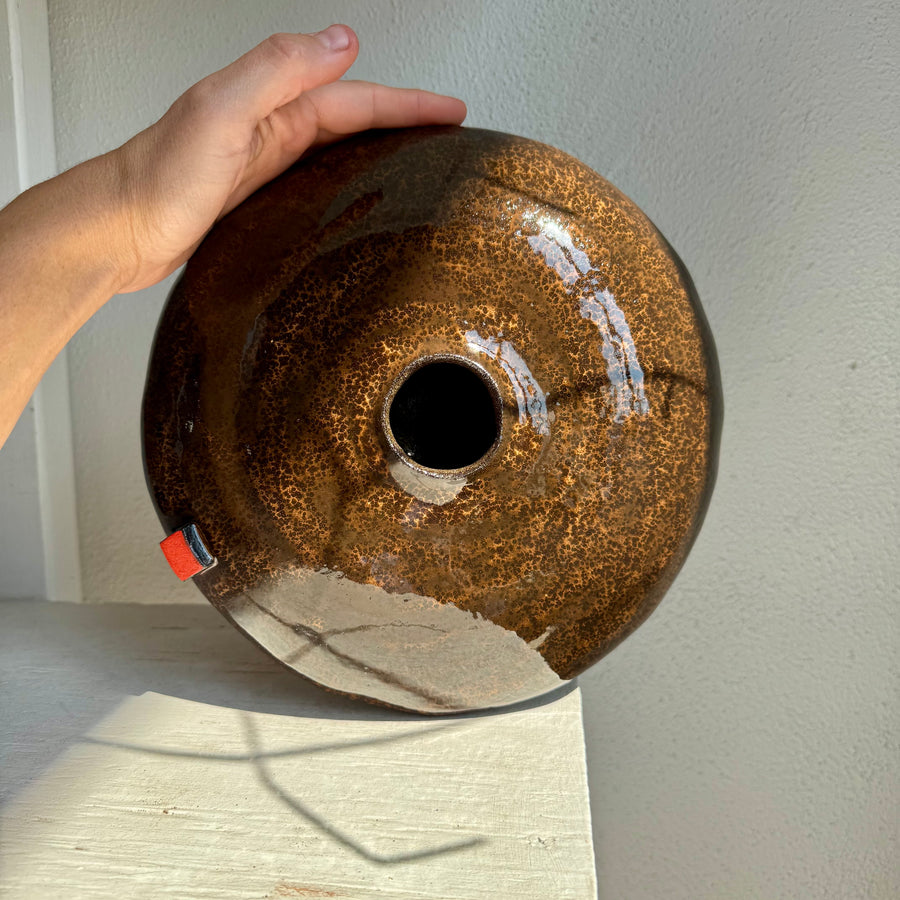 Brown Shallow Vase with Orange