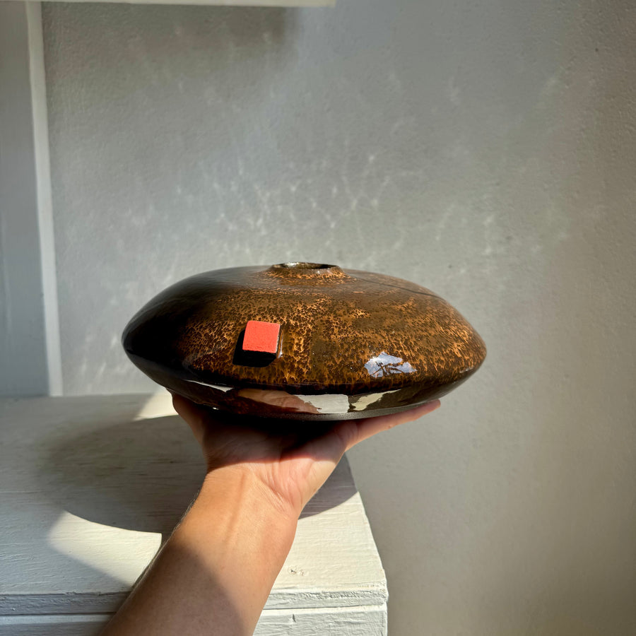 Brown Shallow Vase with Orange