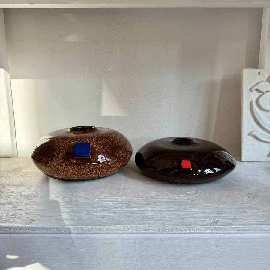 Brown Shallow Vase with Blue