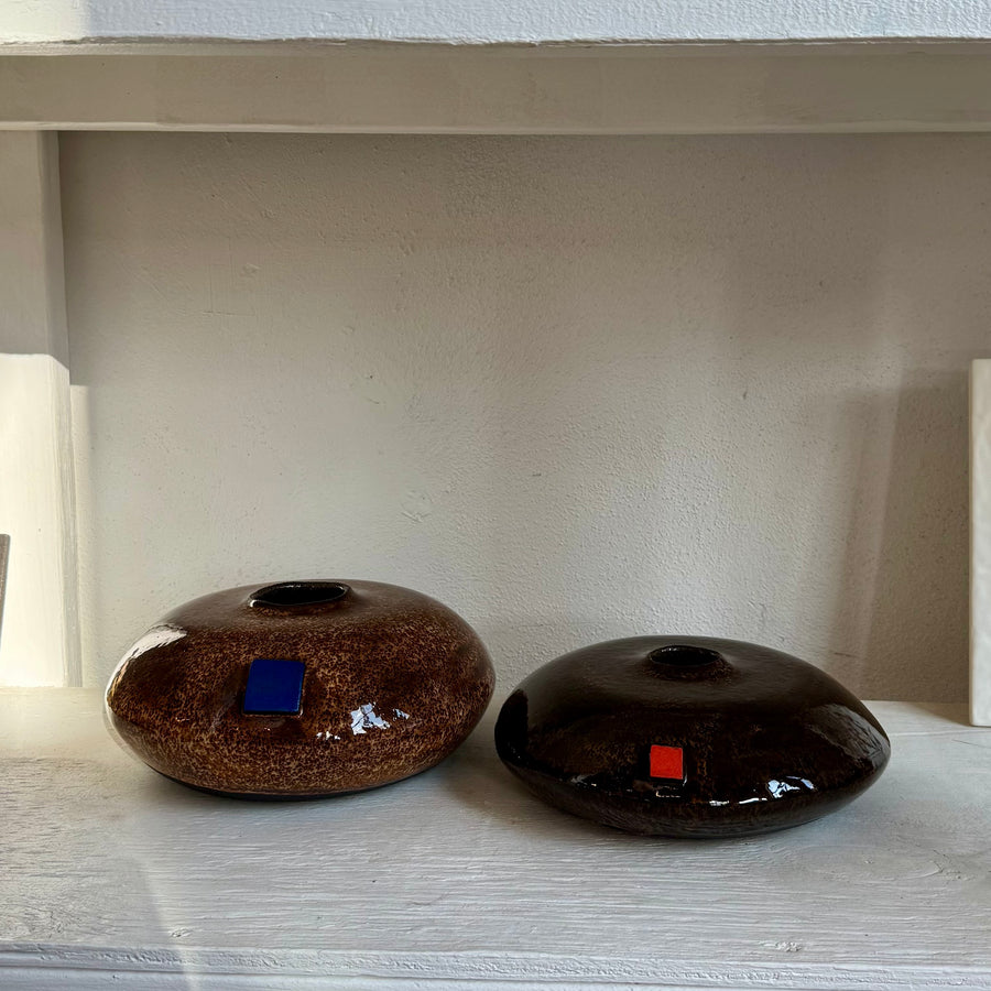 Brown Shallow Vase with Blue