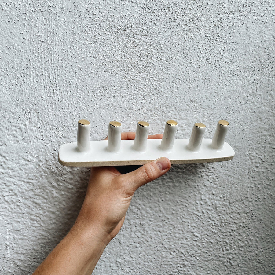 Six Post Ring Holder, White + Gold