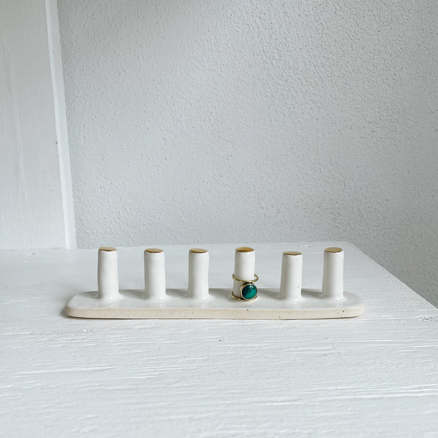 Six Post Ring Holder, White + Gold