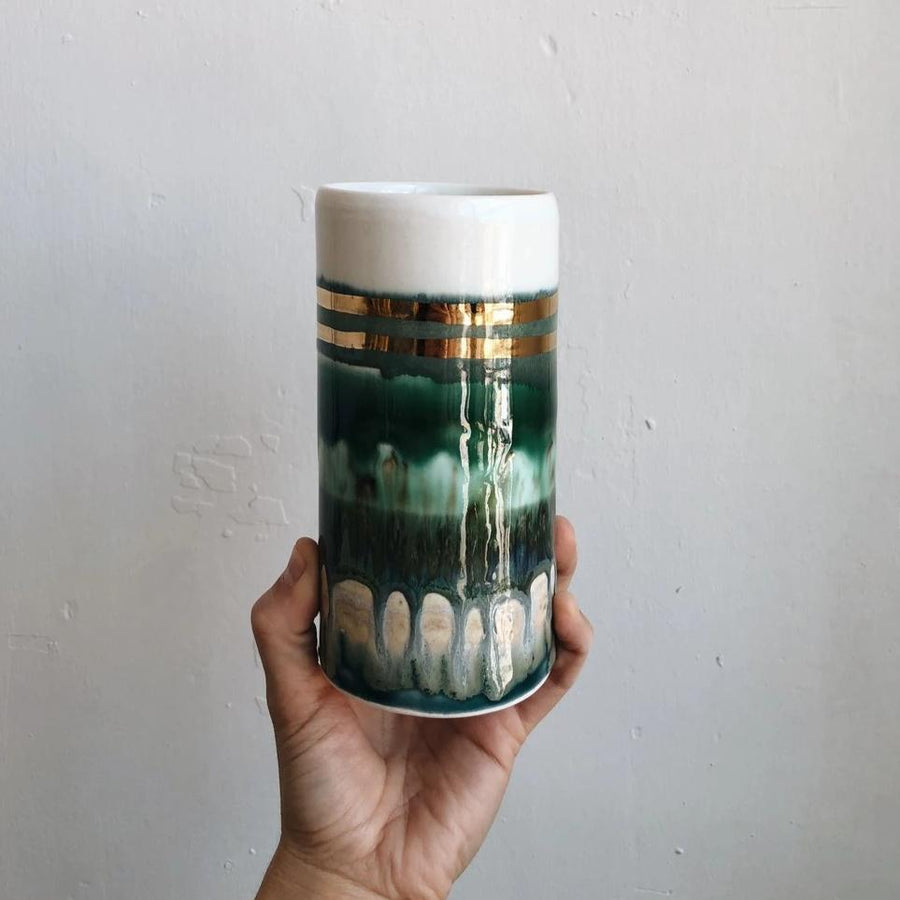 Multi Green Striped Vase + Gold