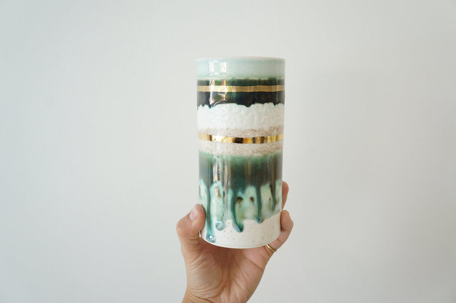 Multi Green Striped Vase + Gold